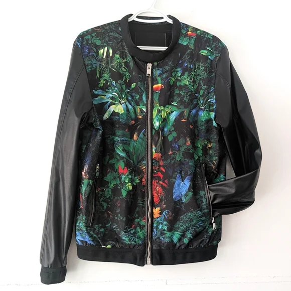 Zara Man Black And Tropical Print Bomber Jacket ~ Size Medium - Picture 3 of 15